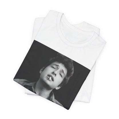A black graphic t-shirt featuring a photo of Bob Dylan with his acoustic guitar.