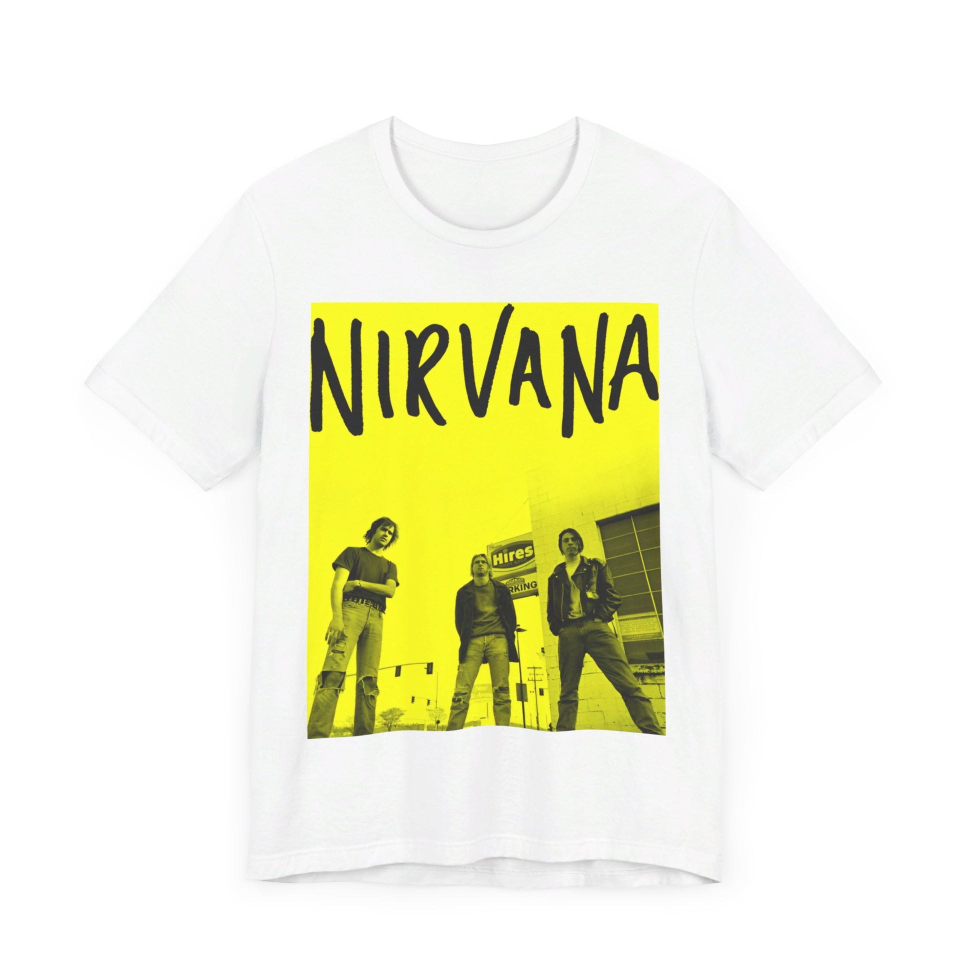 A black graphic t-shirt featuring a neon yellow aesthetic graphic of Nirvana.