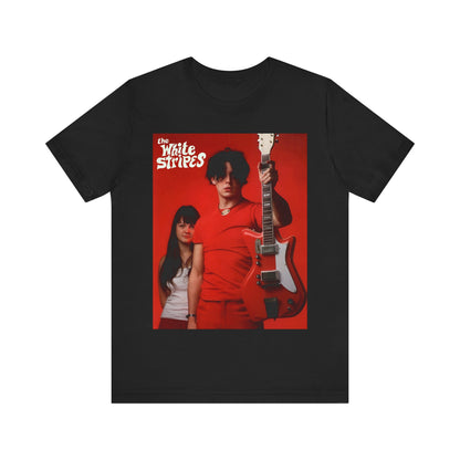 A black graphic t-shirt featuring a vintage garage rock graphic of The White Stripes.