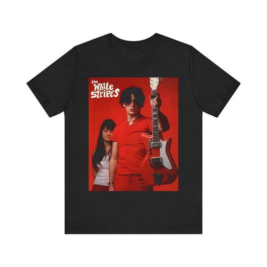 A black graphic t-shirt featuring a vintage garage rock graphic of The White Stripes.
