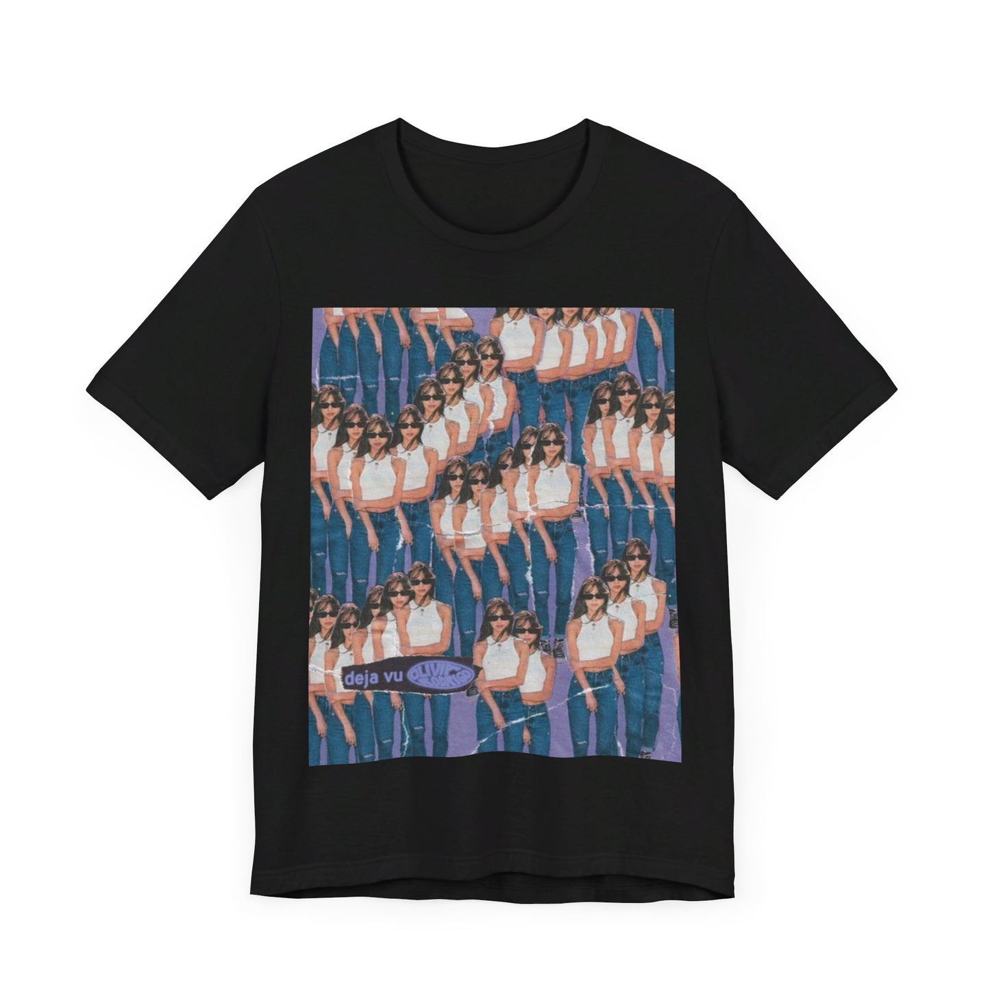 A black graphic t-shirt featuring an aesthetic graphic of Olivia Rodrigo.