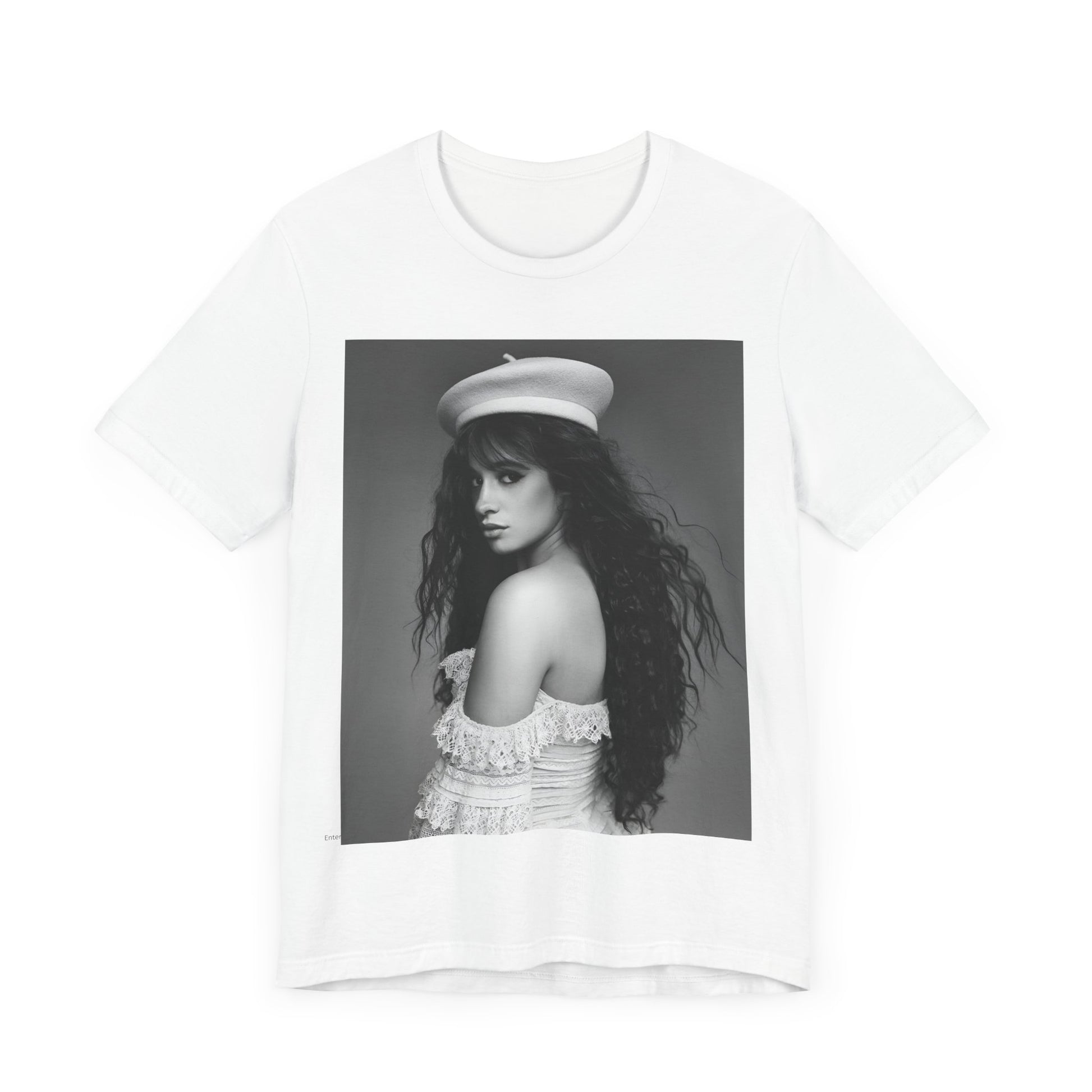 A black graphic t-shirt featuring a black and white graphic of Camila Cabello as a fierce Latina pop star.