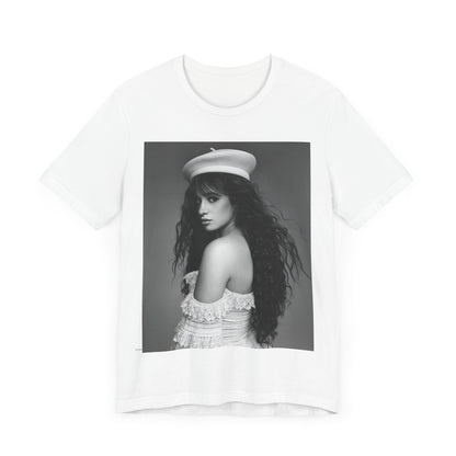 A black graphic t-shirt featuring a black and white graphic of Camila Cabello as a fierce Latina pop star.