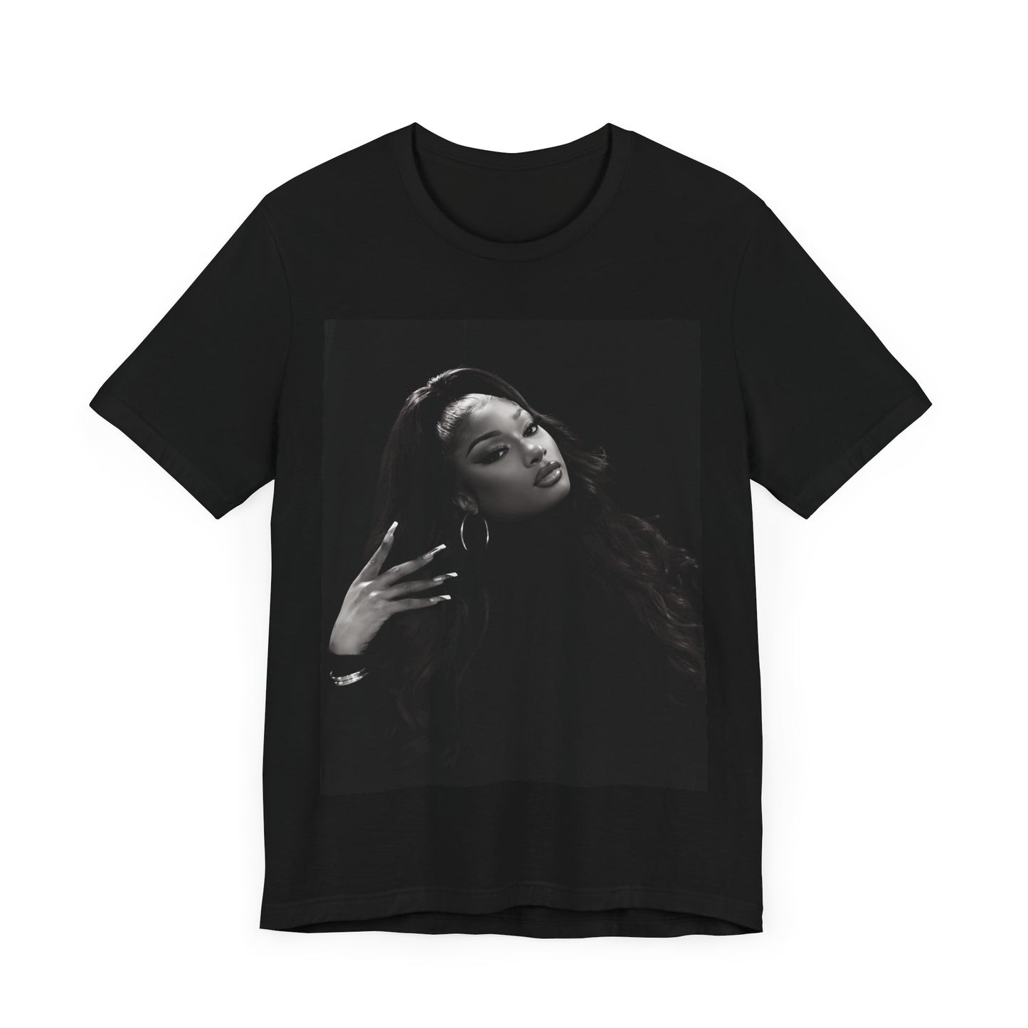 A black graphic t-shirt featuring a black and white, monochrome graphic or photo of Megan Thee Stallion.