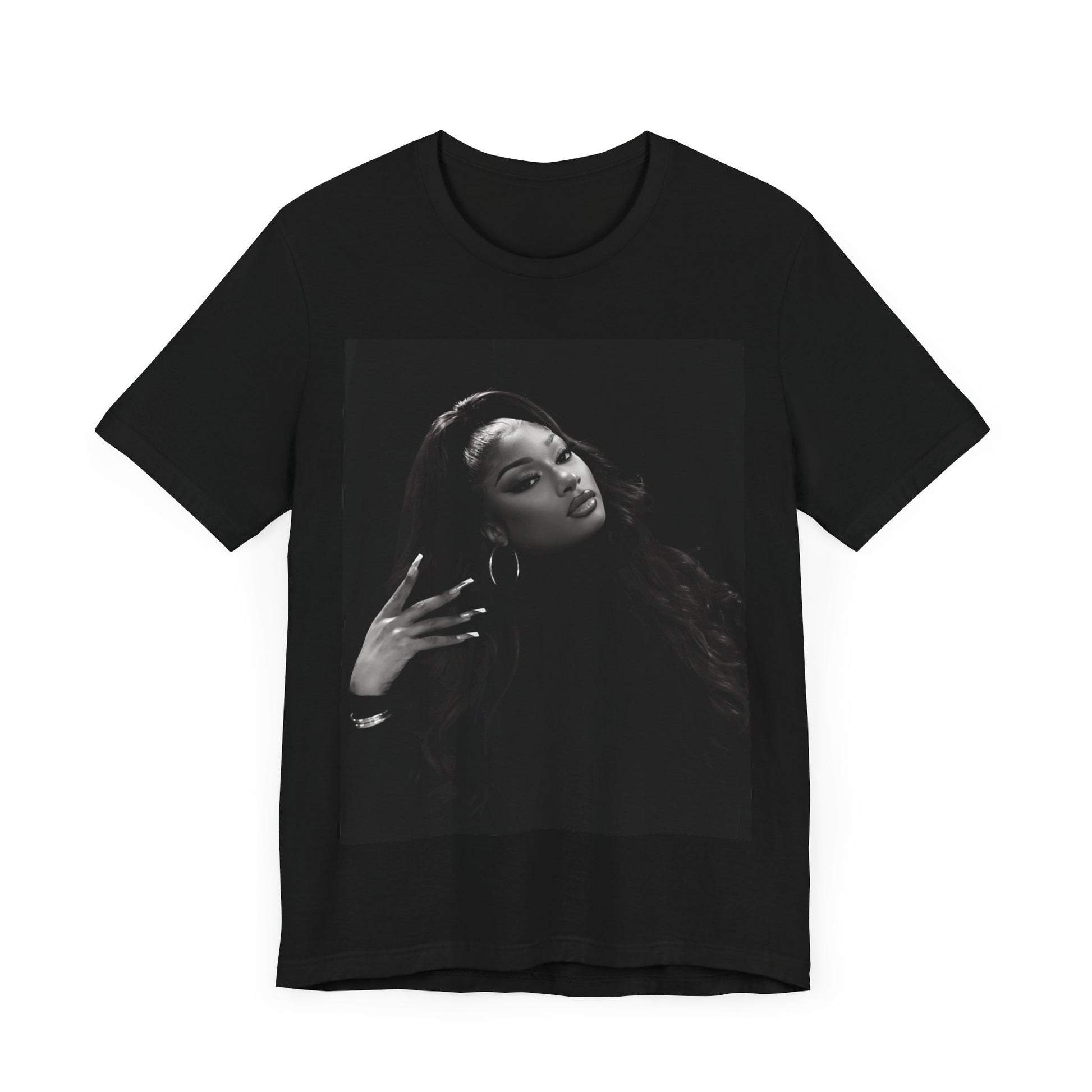 A black graphic t-shirt featuring a black and white, monochrome graphic or photo of Megan Thee Stallion.