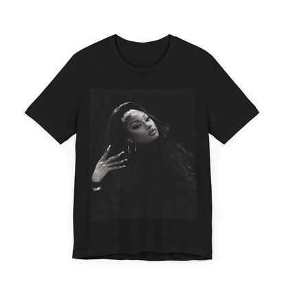 A black graphic t-shirt featuring a black and white, monochrome graphic or photo of Megan Thee Stallion.
