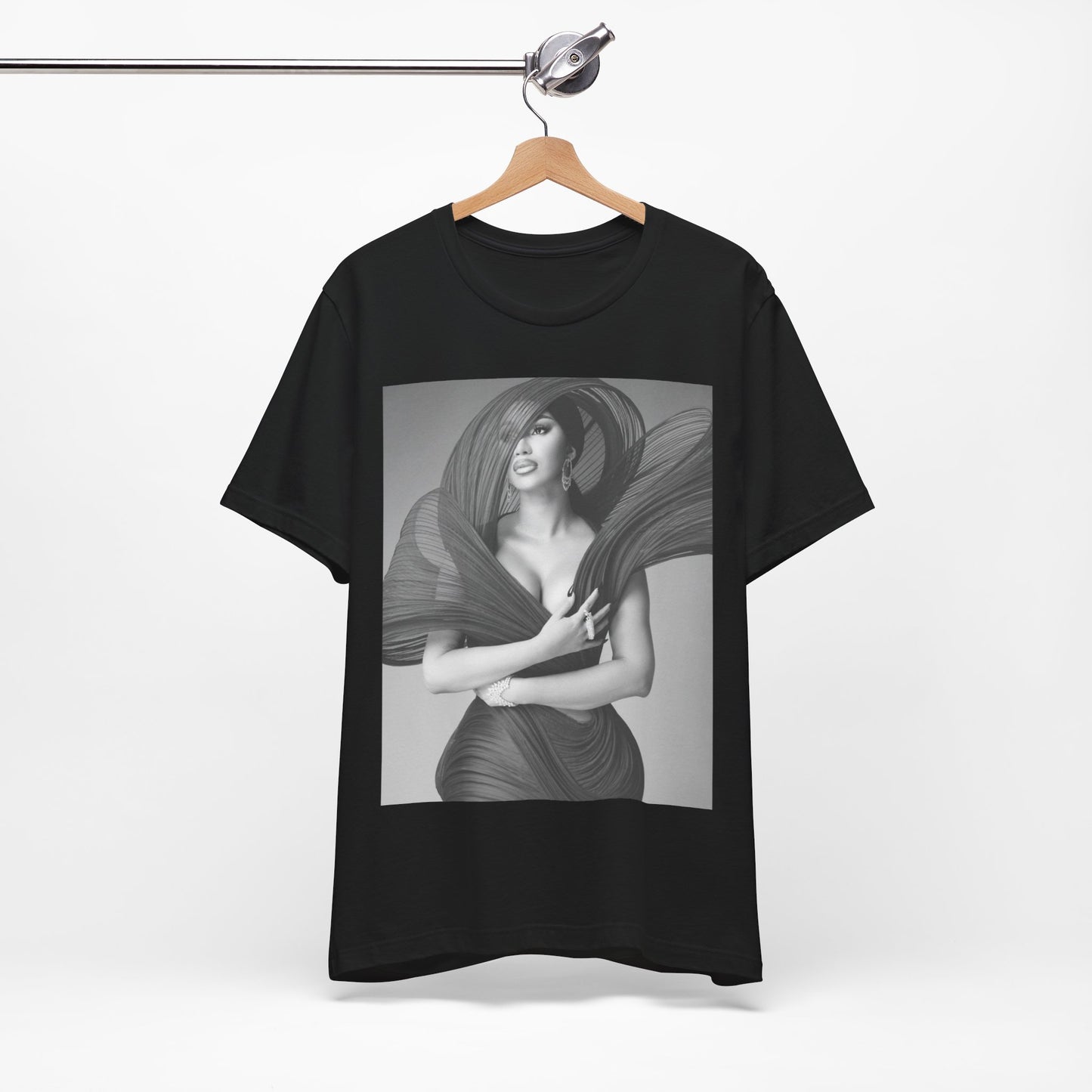 A black graphic t-shirt featuring a black and white graphic of Cardi B, emphasizing her 'Bronx Princess' or rap icon status.