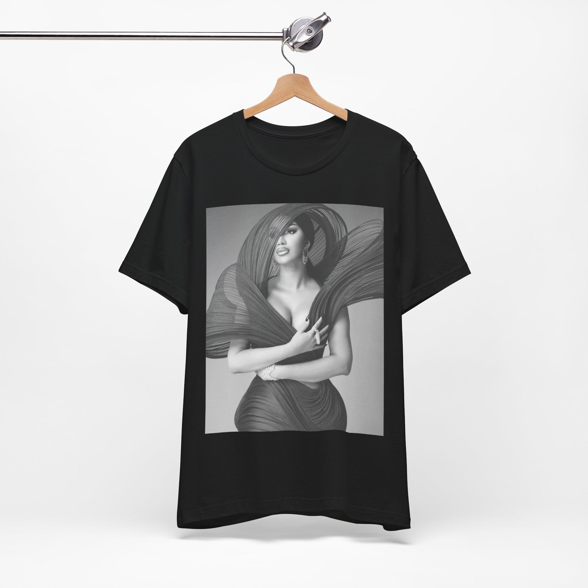 A black graphic t-shirt featuring a black and white graphic of Cardi B, emphasizing her 'Bronx Princess' or rap icon status.
