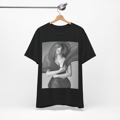 A black graphic t-shirt featuring a black and white graphic of Cardi B, emphasizing her 'Bronx Princess' or rap icon status.