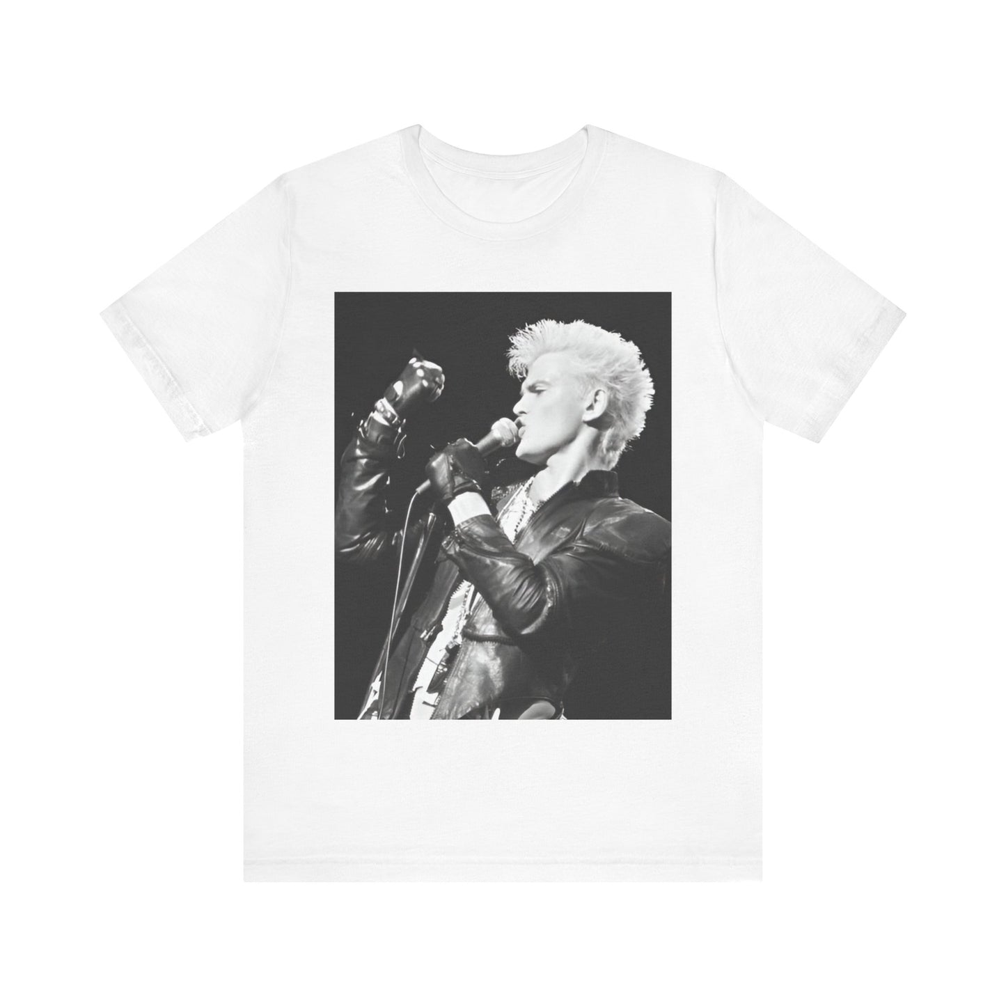 A black graphic t-shirt featuring an iconic 80s black and white concert graphic of Billy Idol performing live on stage.