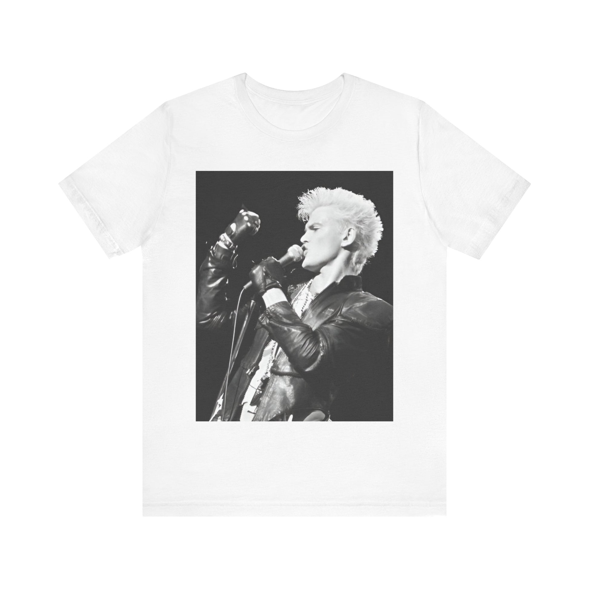 A black graphic t-shirt featuring an iconic 80s black and white concert graphic of Billy Idol performing live on stage.