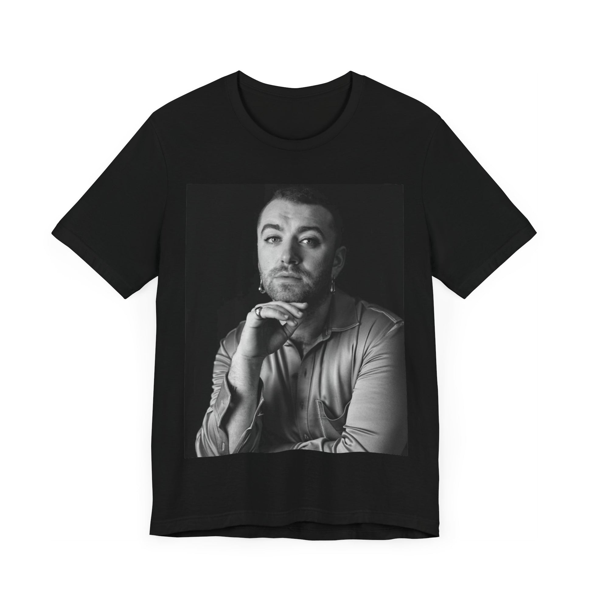 A black graphic t-shirt featuring a black and white portrait photo of Sam Smith.