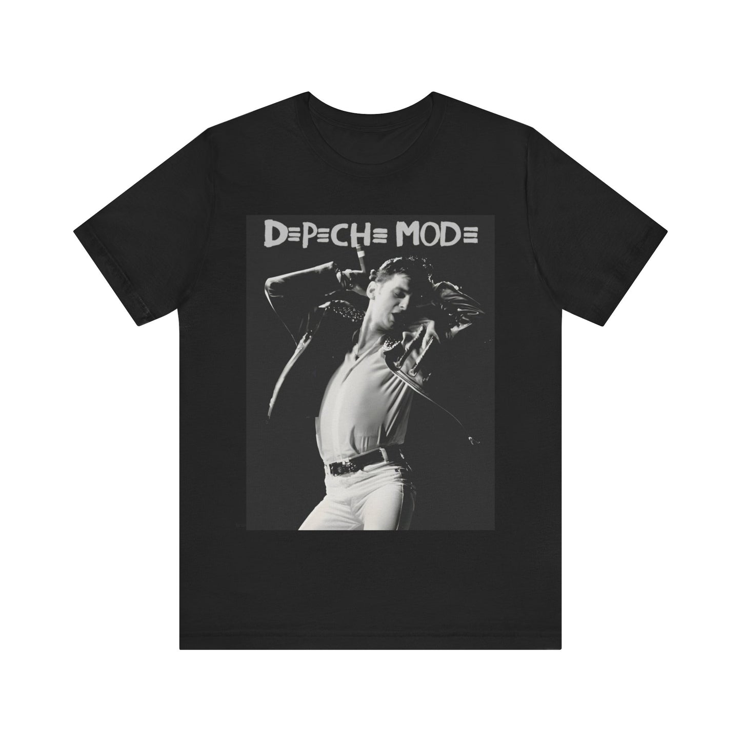 A black graphic t-shirt featuring a black and white graphic or photo of Depeche Mode performing live on stage.