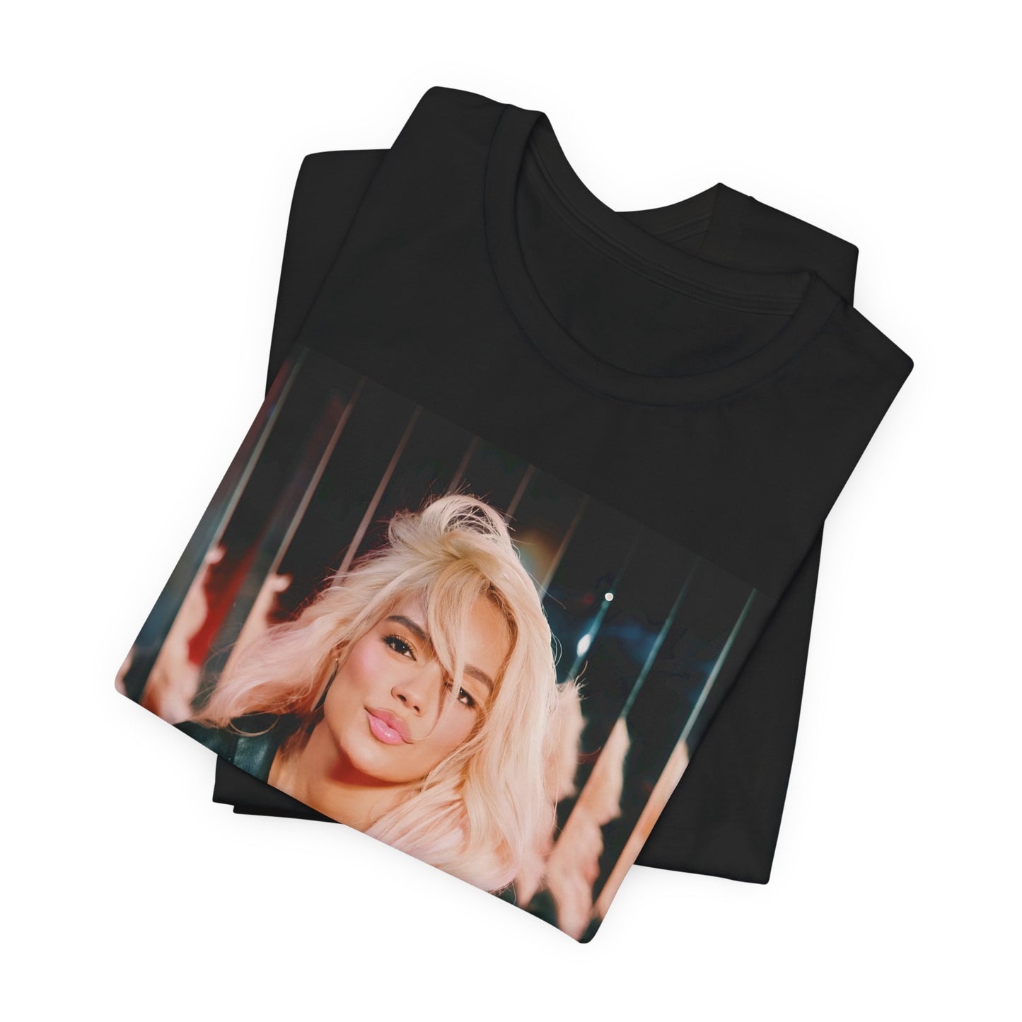 A black graphic t-shirt featuring a graphic of Karol G as an empowered Latina icon.