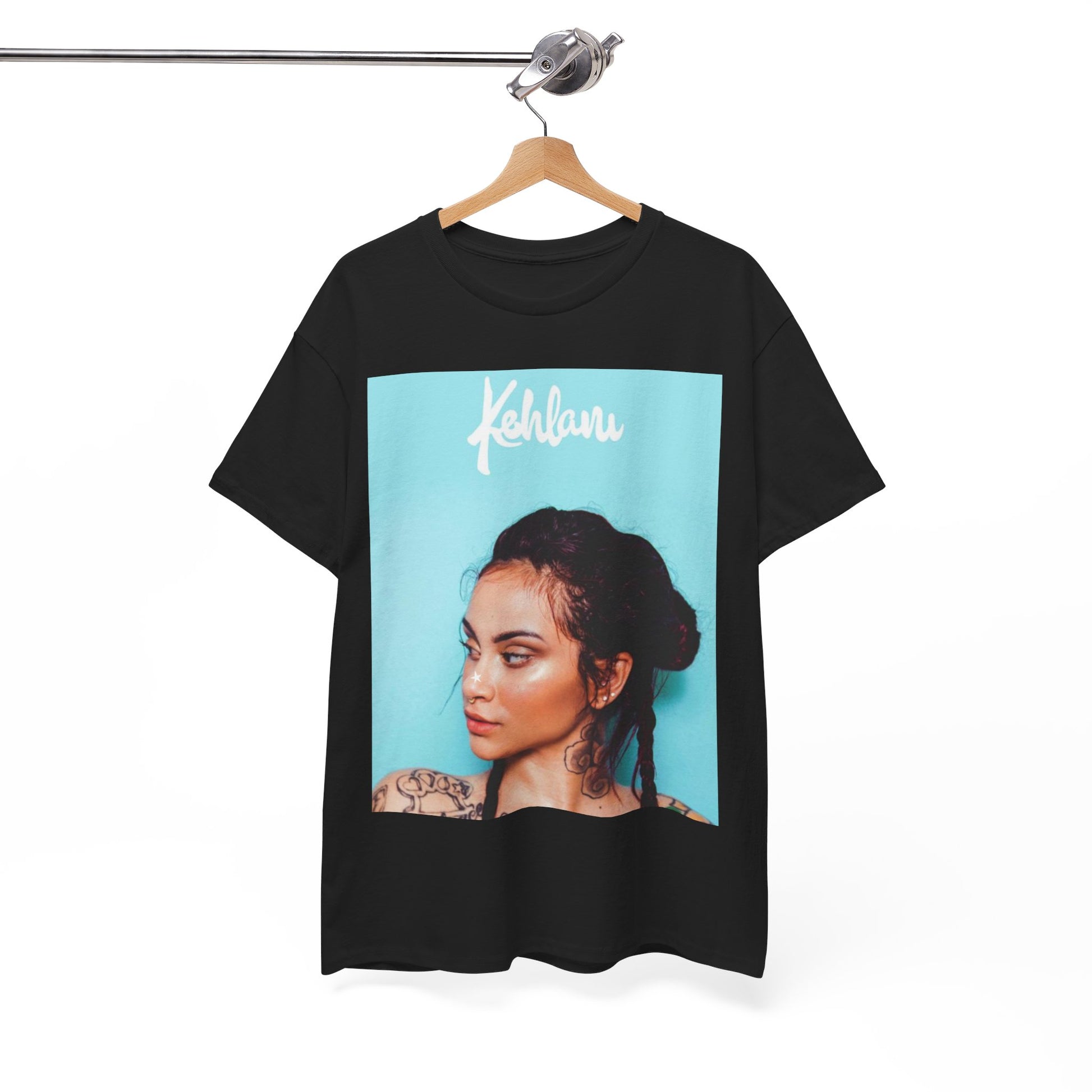 A black graphic t-shirt featuring a rapper aesthetic graphic of Kehlani.