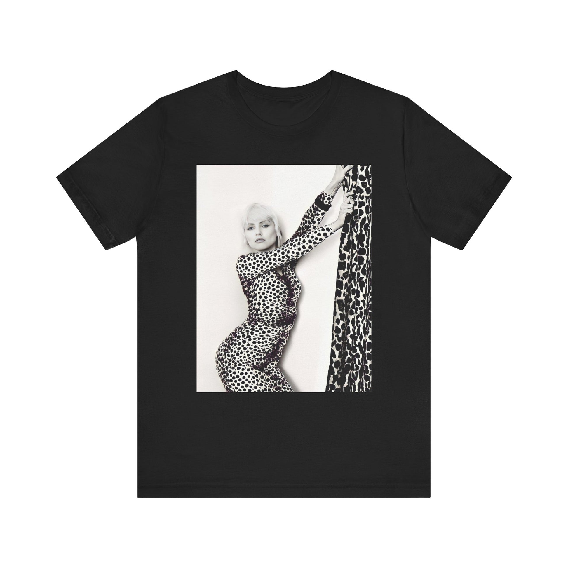 A black graphic t-shirt featuring a black and white, wild-style graphic of Blondie, emphasizing their untamed spirit.