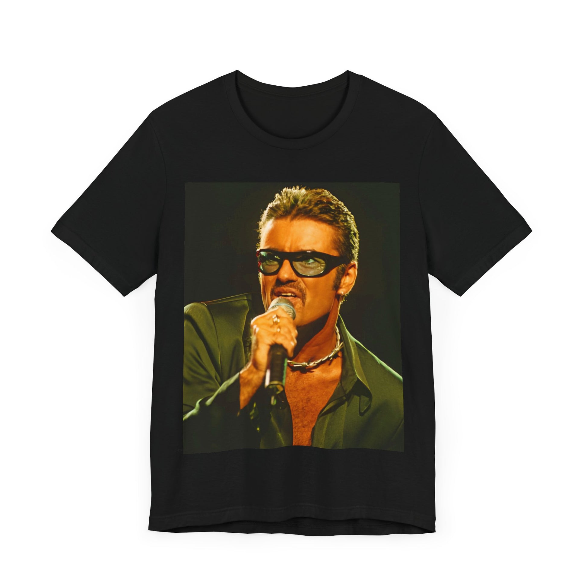 A black graphic t-shirt featuring a graphic related to George Michael's 'Freedom! '90' song.