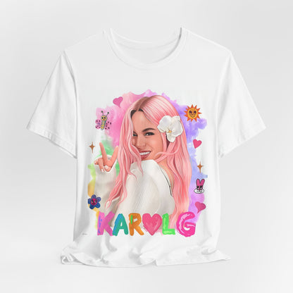 A black graphic t-shirt featuring a vintage graphic of Karol G, emphasizing her 'Bichota' persona.