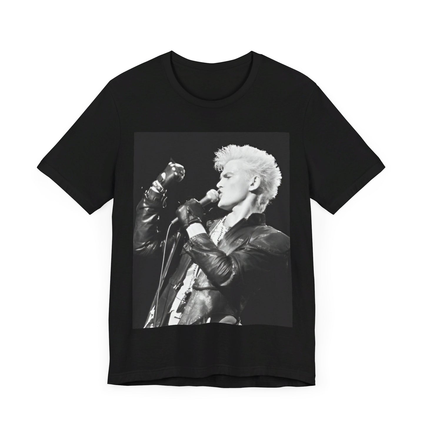 A black graphic t-shirt featuring an iconic 80s black and white concert graphic of Billy Idol performing live on stage.