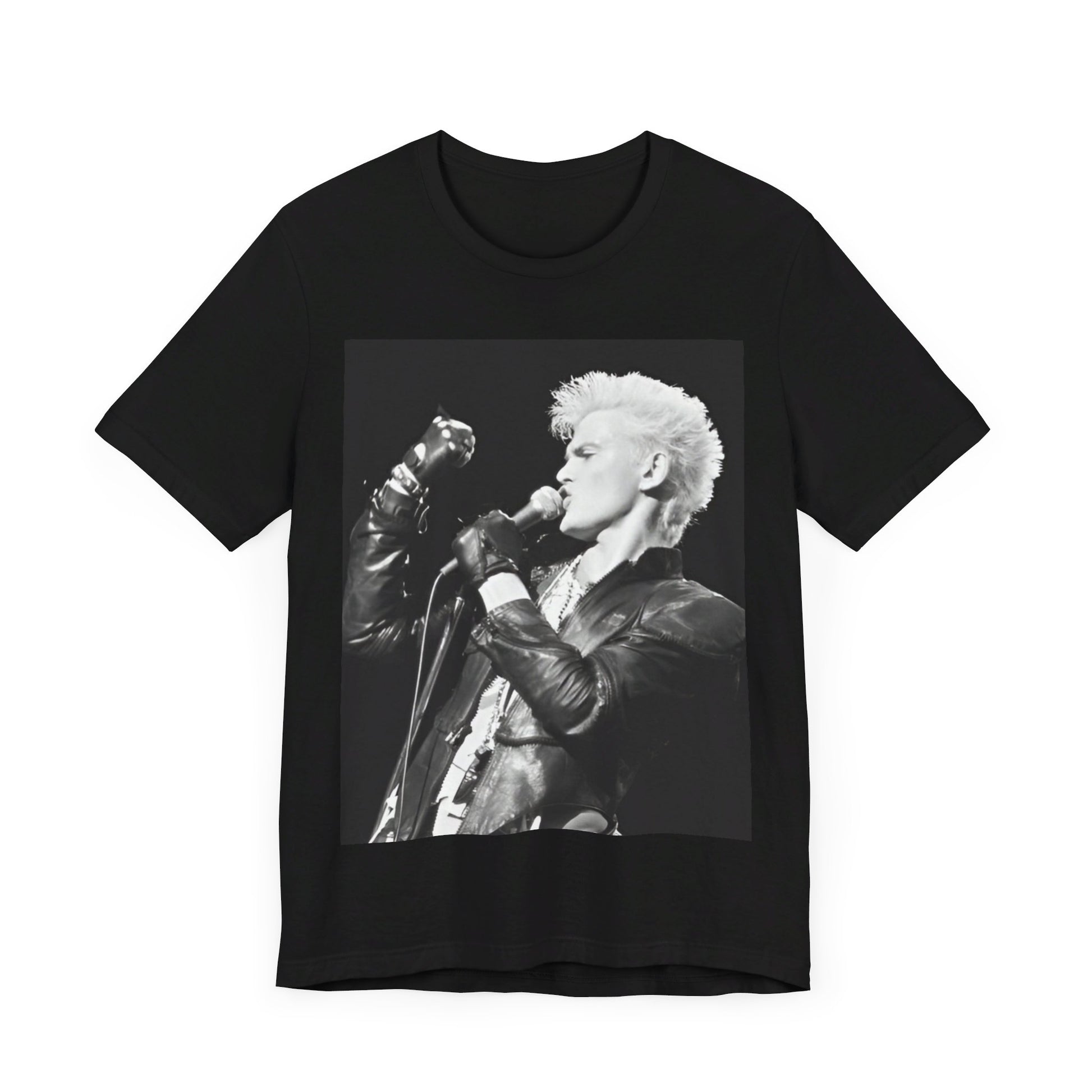 A black graphic t-shirt featuring an iconic 80s black and white concert graphic of Billy Idol performing live on stage.