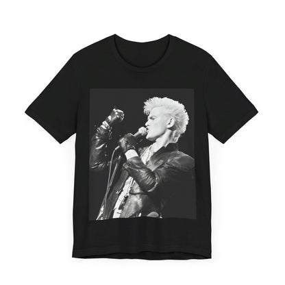 A black graphic t-shirt featuring an iconic 80s black and white concert graphic of Billy Idol performing live on stage.