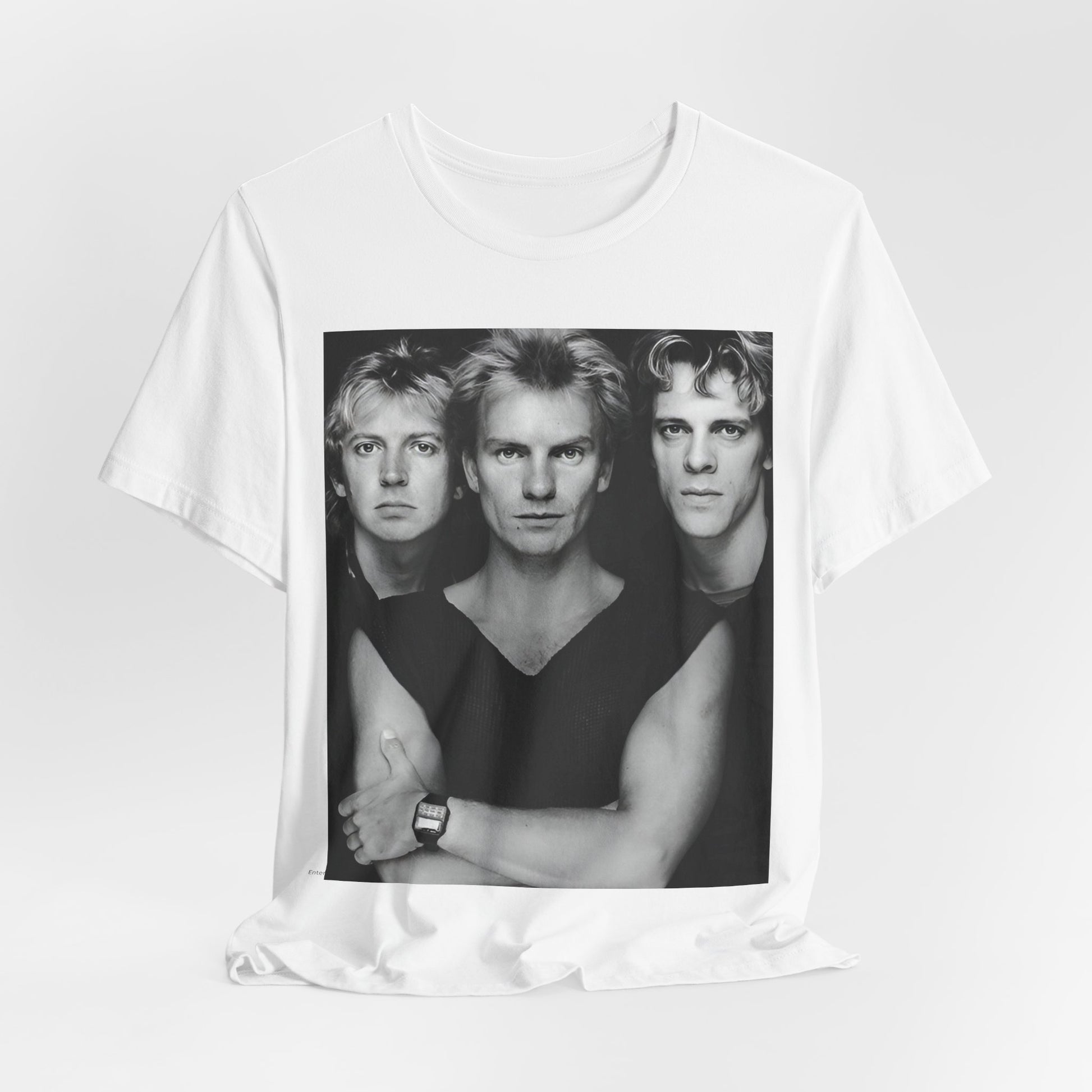 A black graphic t-shirt featuring a graphic related to The Police's 'Every Breath You Take' song or era.