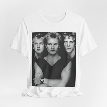 A black graphic t-shirt featuring a graphic related to The Police's 'Every Breath You Take' song or era.