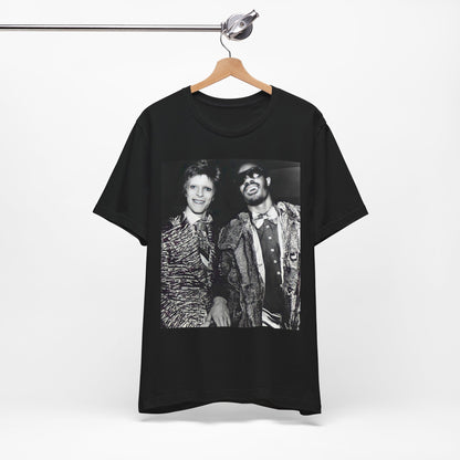 A black graphic t-shirt featuring a retro graphic of Stevie Wonder and David Bowie together.