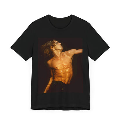 A black graphic t-shirt featuring an iconic photo of Iggy Pop performing live on stage.