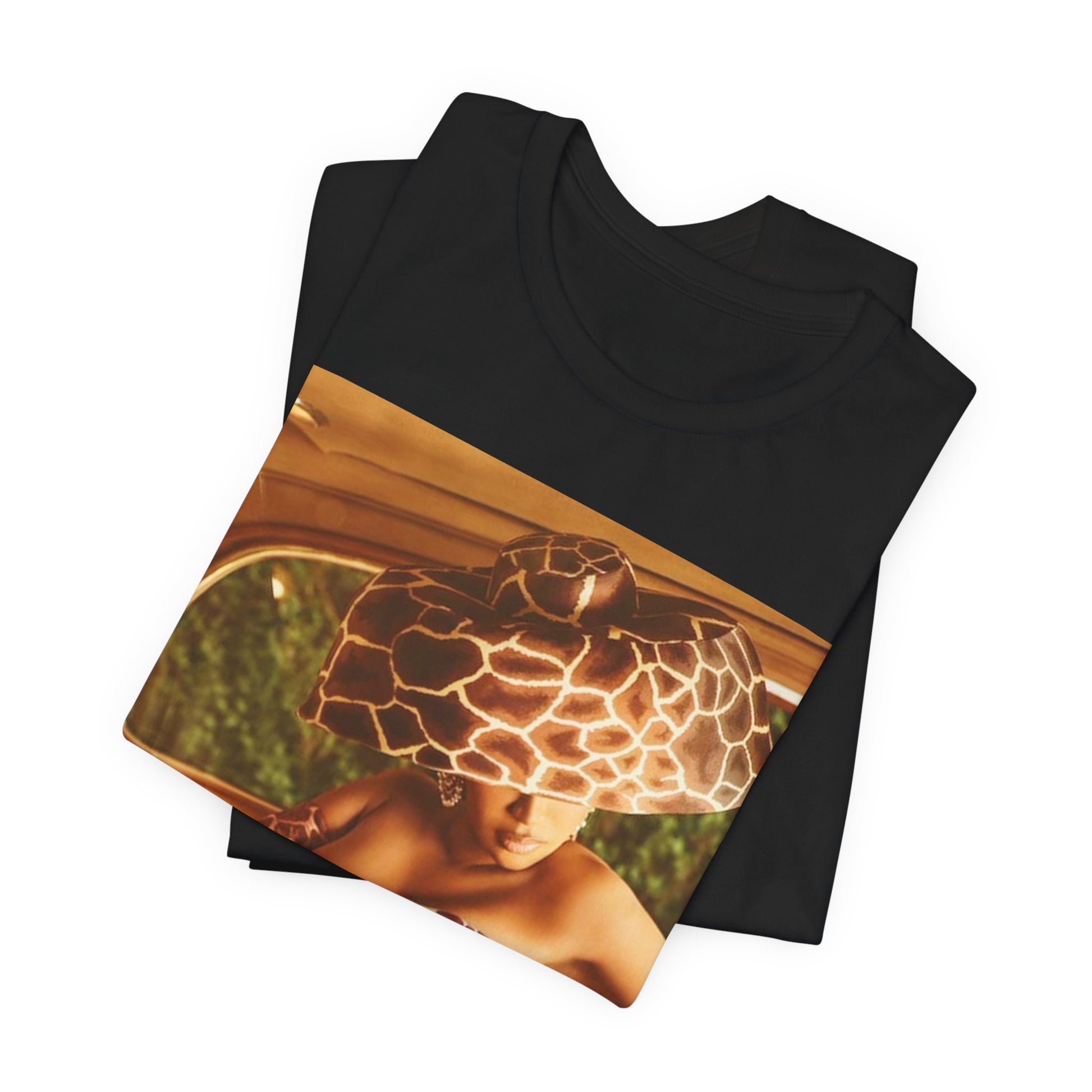 A black graphic t-shirt featuring a graphic of Cardi B as a hip hop culture phenomenon.