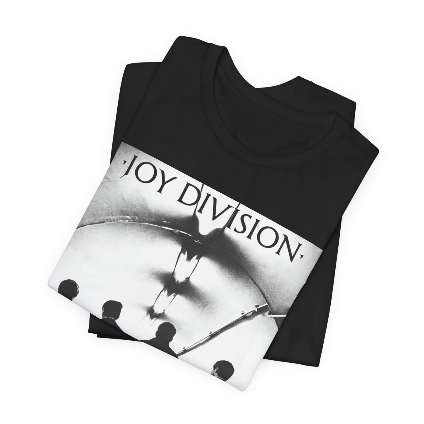 A black graphic t-shirt featuring a vintage post-punk graphic of Joy Division.
