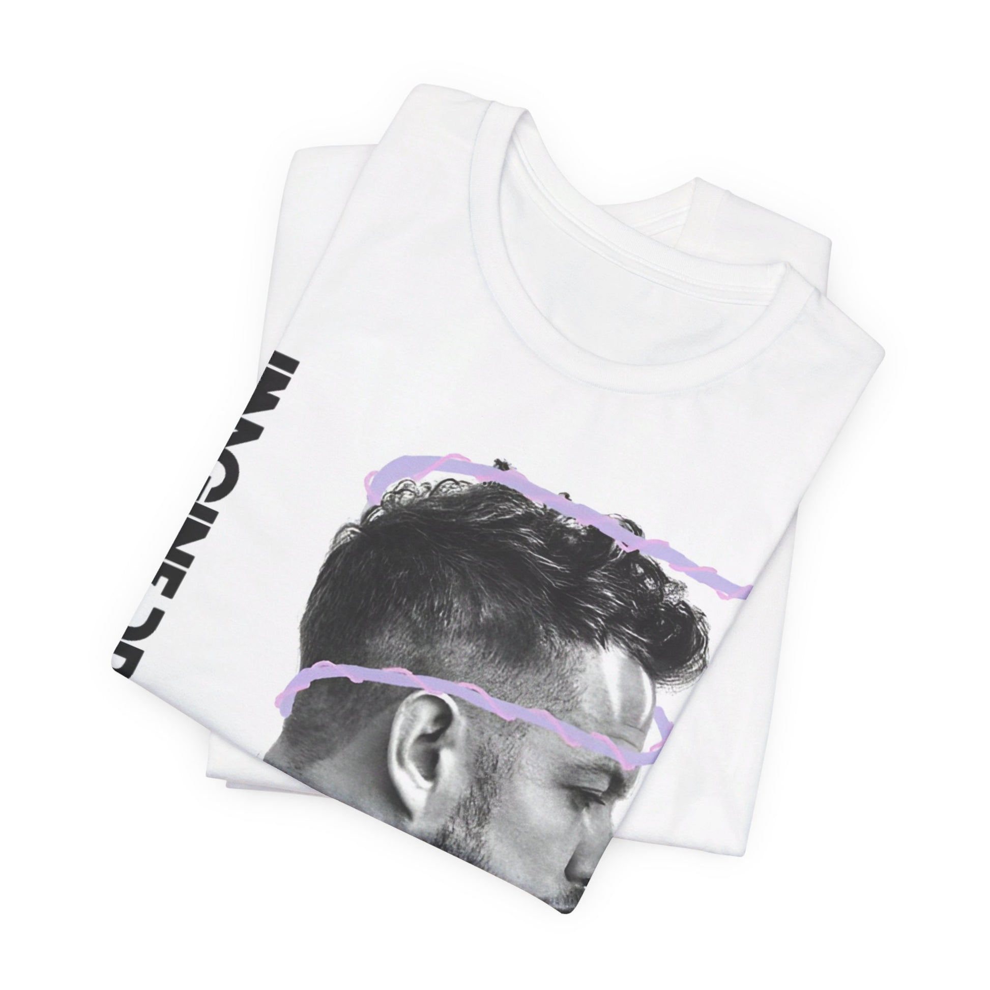 A black graphic t-shirt featuring a graphic of Imagine Dragons designed with a modern alt rock spirit.