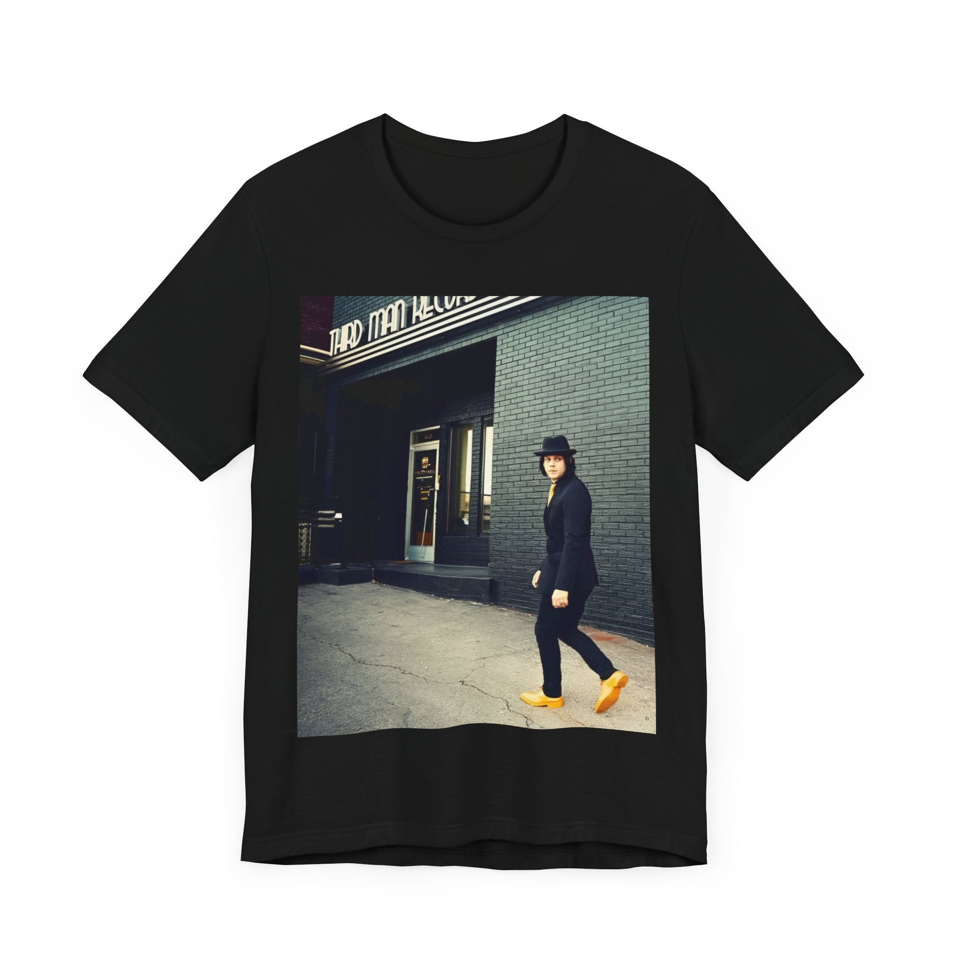A black graphic t-shirt featuring a garage rock graphic of The White Stripes.