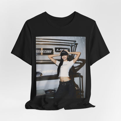 A black graphic t-shirt featuring a graphic of Lisa as a street K-Pop style queen.