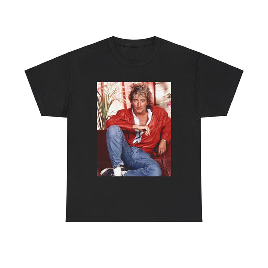 A black graphic t-shirt featuring an 80s global phenomenon graphic of Rod Stewart.