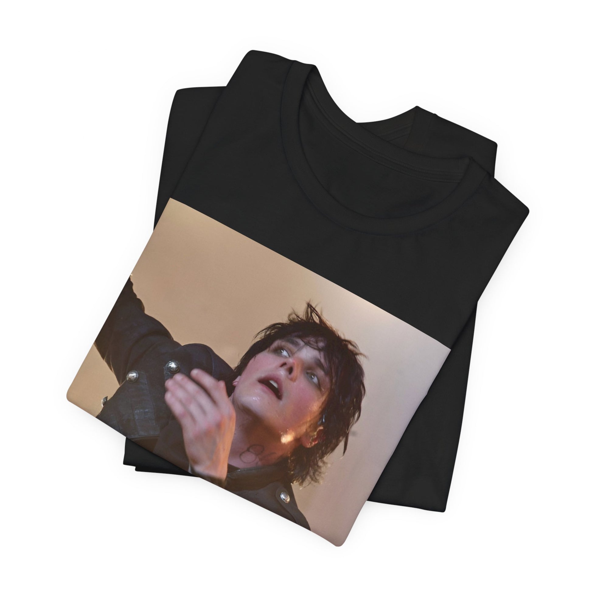 A black graphic t-shirt featuring a graphic or photo of My Chemical Romance performing live on stage.