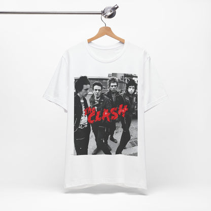 A black graphic t-shirt featuring a graphic of The Clash as punk rock pioneers.