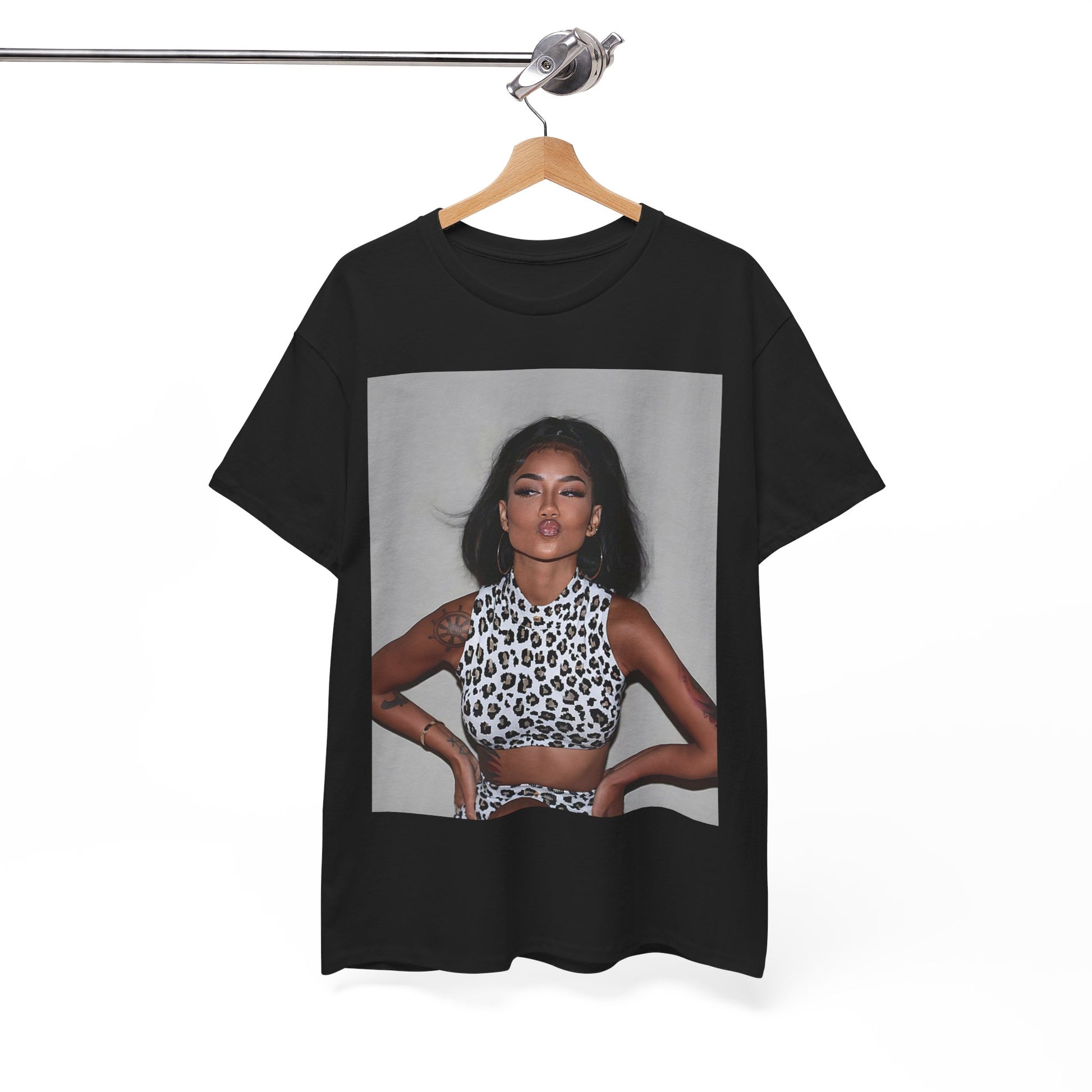 A black graphic t-shirt featuring a glamorous photo portrait of Jhene Aiko.