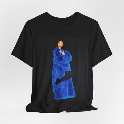 A black graphic t-shirt featuring a photo of Cardi B, possibly with blue velvet elements or a luxurious blue aesthetic.