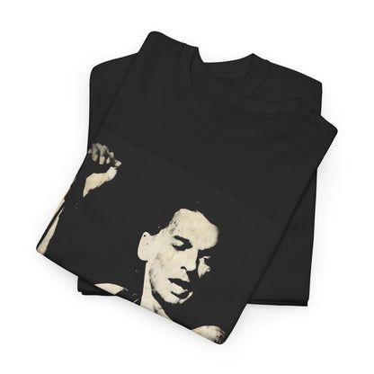 A black graphic t-shirt featuring a black and white graphic or photo of Depeche Mode performing live on stage.