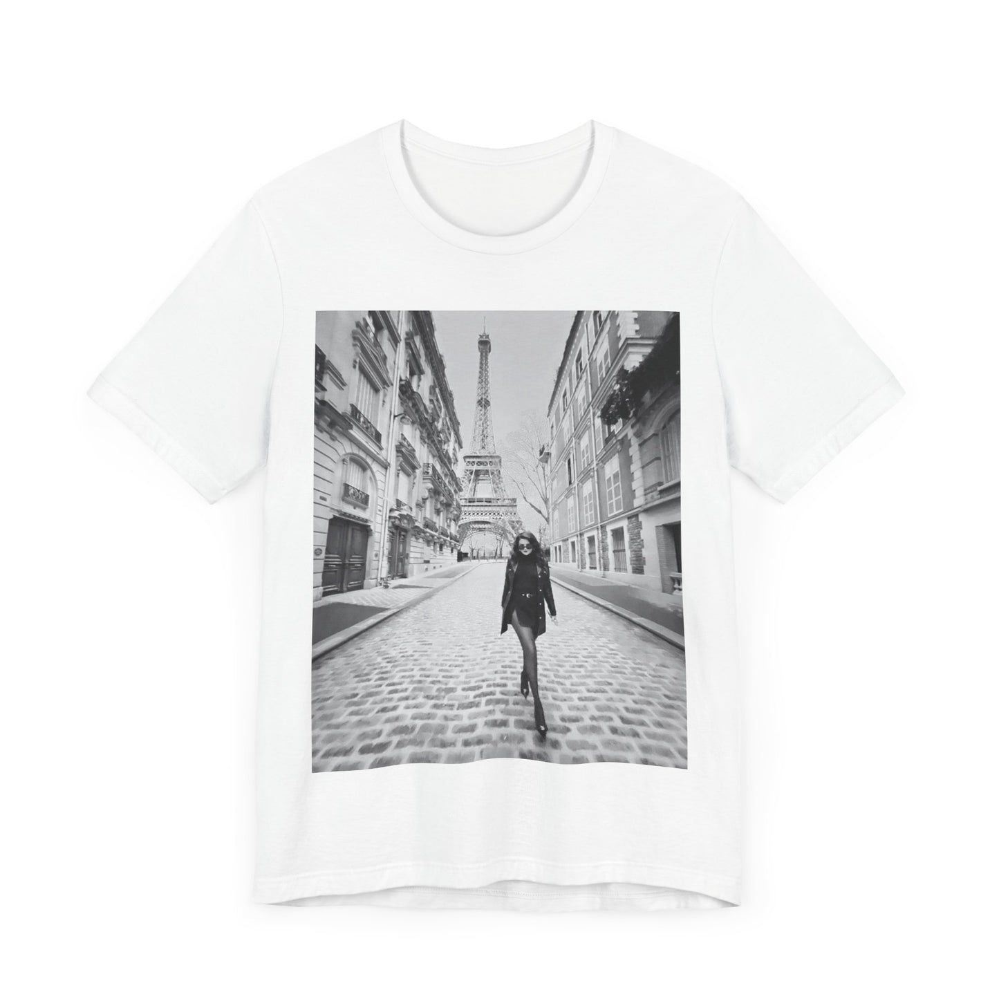 A black graphic t-shirt featuring a black and white photo of Selena Gomez in Paris.