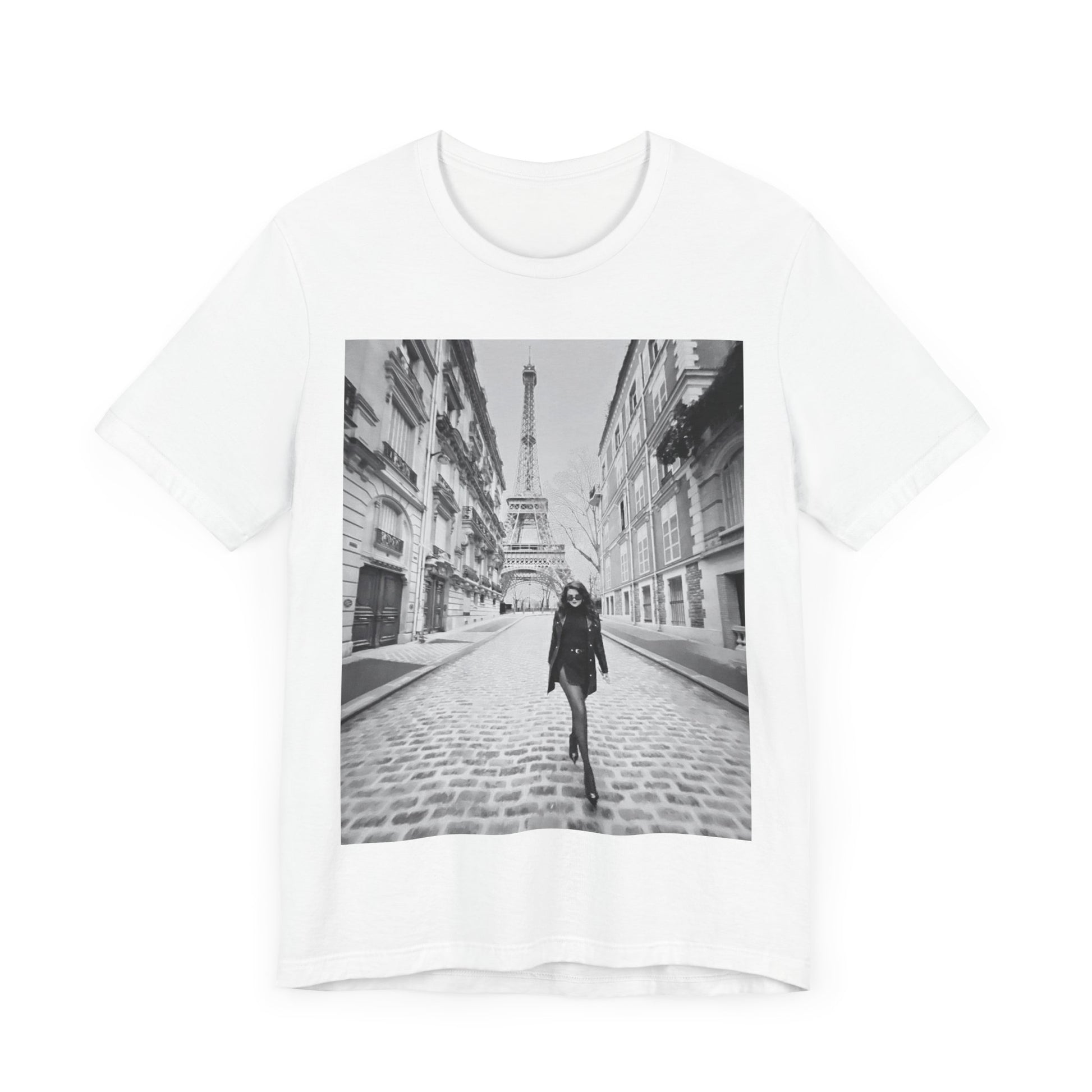A black graphic t-shirt featuring a black and white photo of Selena Gomez in Paris.
