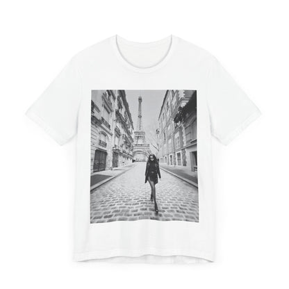 A black graphic t-shirt featuring a black and white photo of Selena Gomez in Paris.