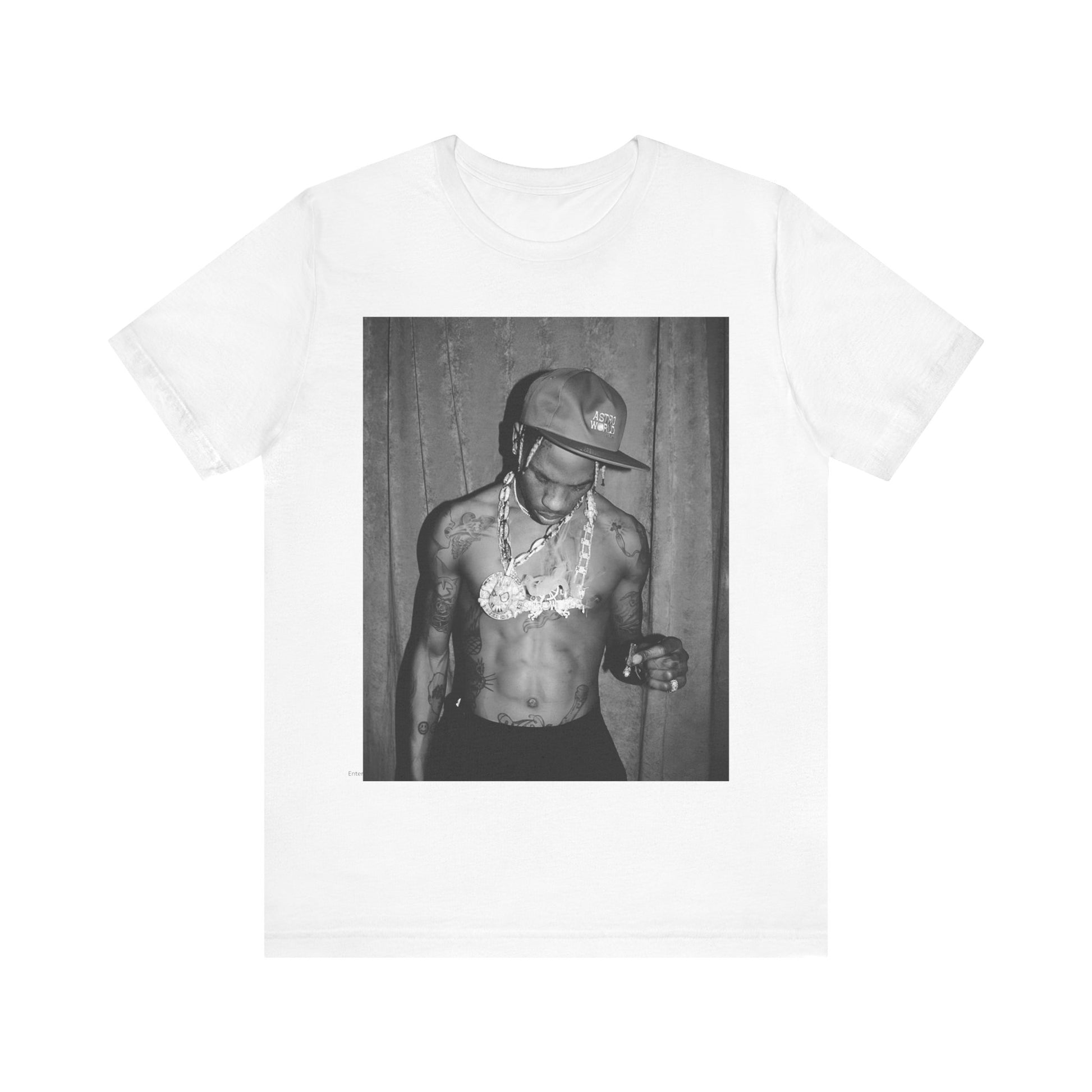 A black graphic t-shirt featuring a graphic of Travis Scott as the Houston rap king.