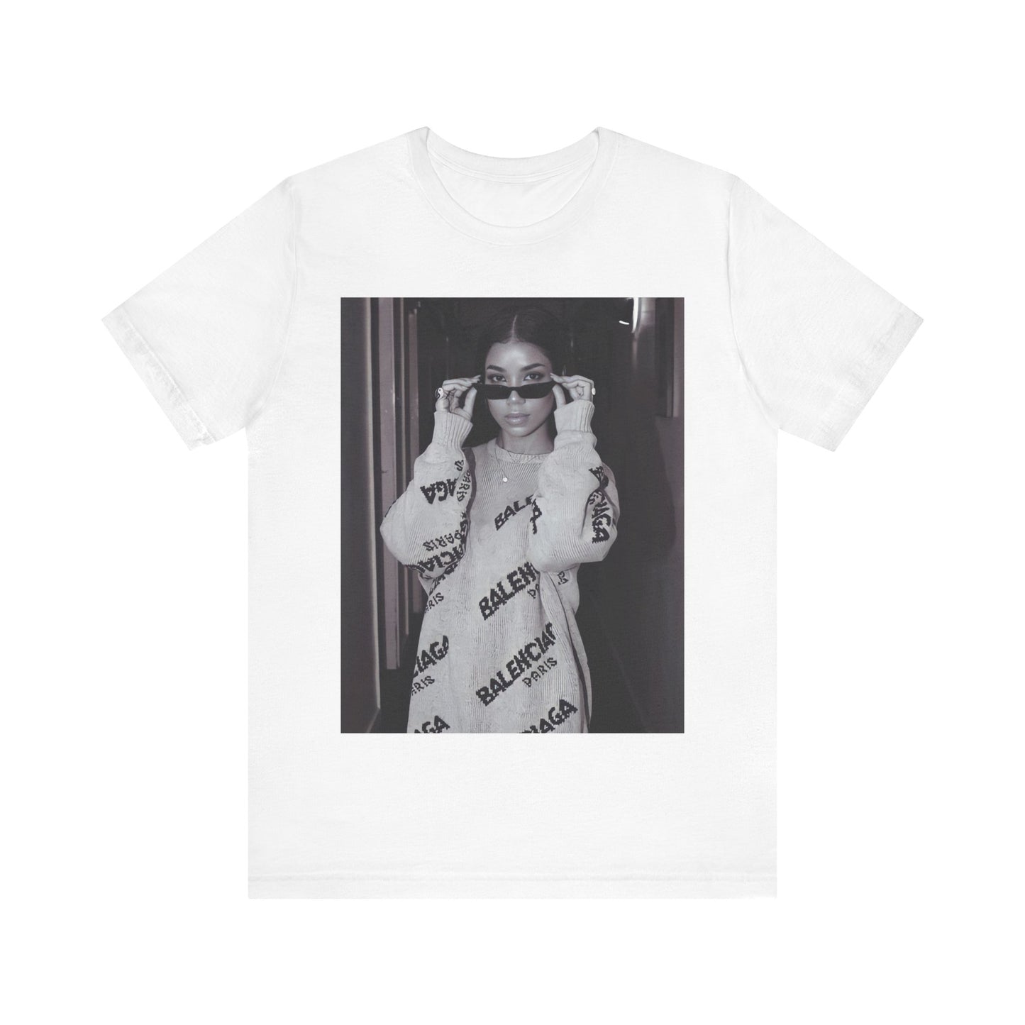 A black graphic t-shirt featuring a black and white, monochrome graphic or photo of Jhene Aiko.