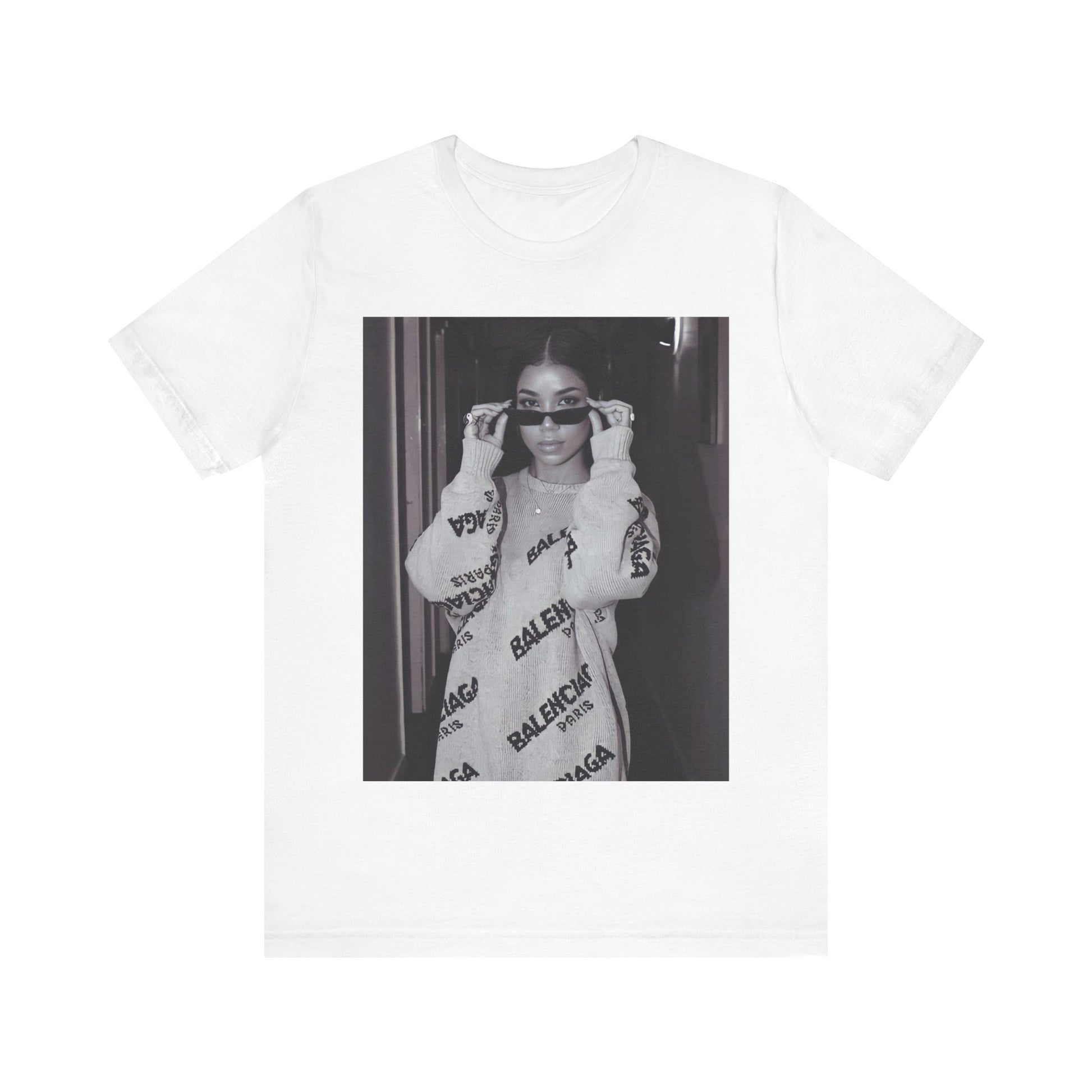 A black graphic t-shirt featuring a black and white, monochrome graphic or photo of Jhene Aiko.