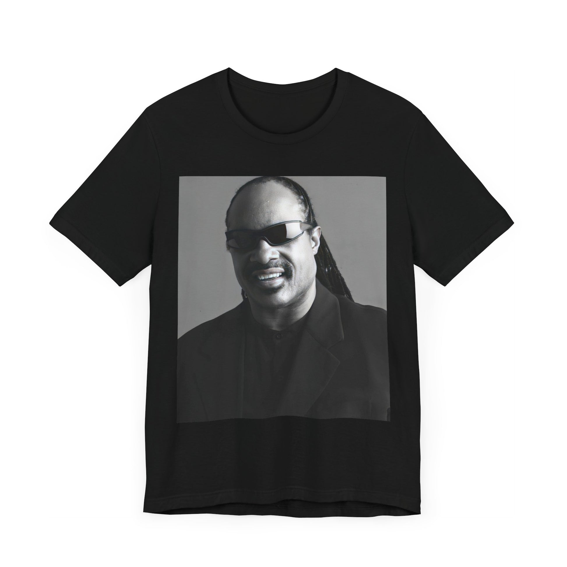 A black graphic t-shirt featuring a classic Motown legend black and white graphic of Stevie Wonder.