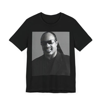 A black graphic t-shirt featuring a classic Motown legend black and white graphic of Stevie Wonder.
