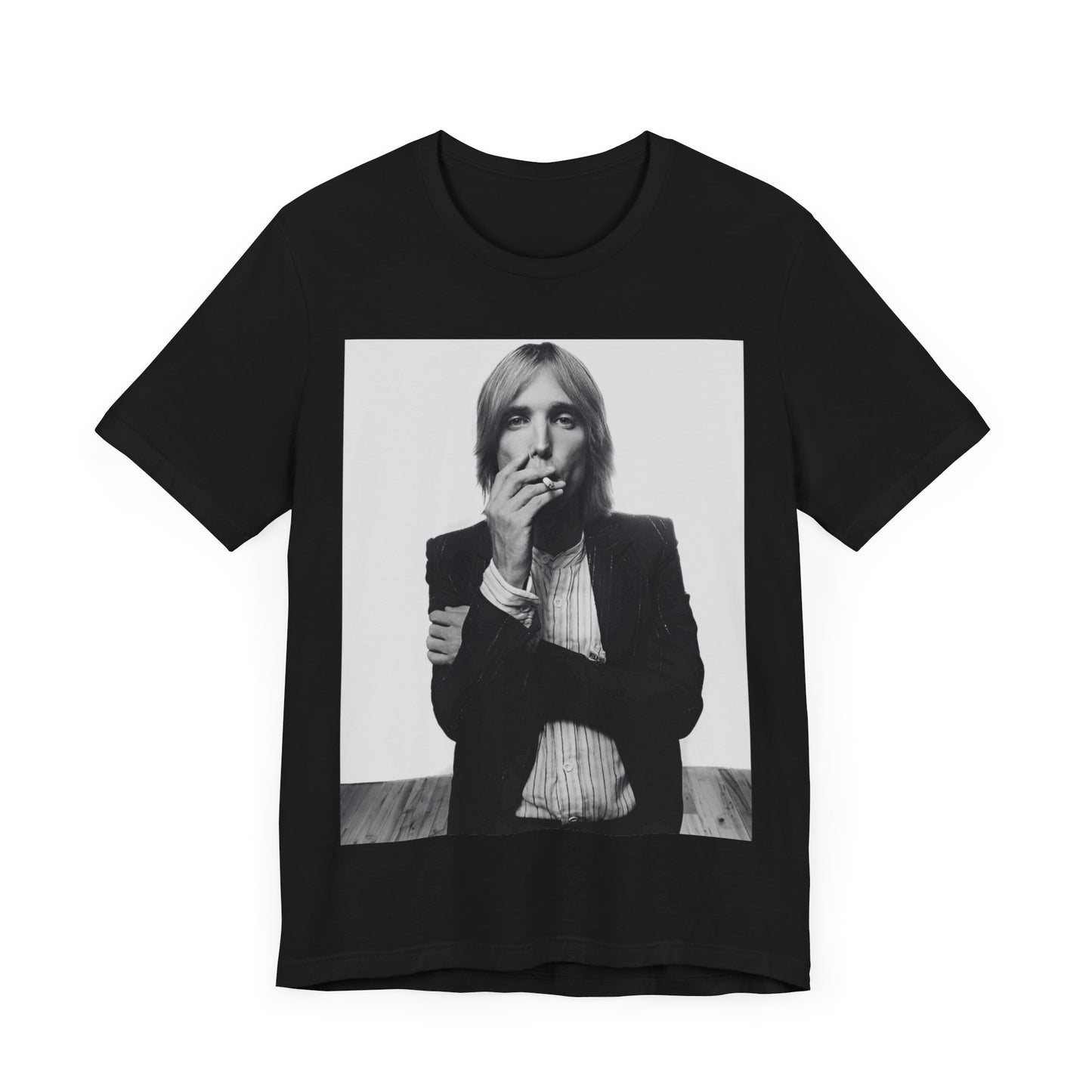 A black graphic t-shirt featuring a black and white graphic or photo of Tom Petty as a Southern rock icon.