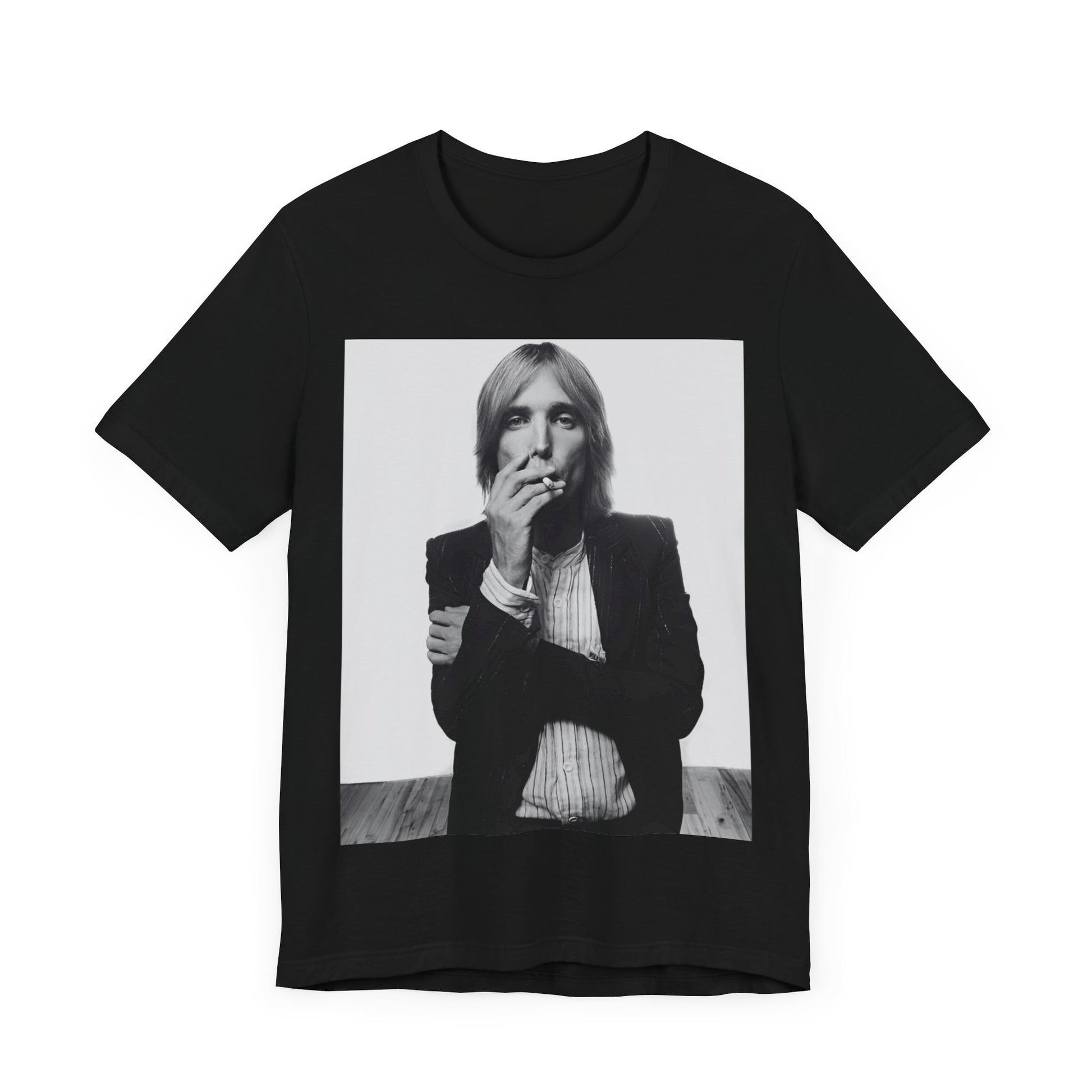 A black graphic t-shirt featuring a black and white graphic or photo of Tom Petty as a Southern rock icon.
